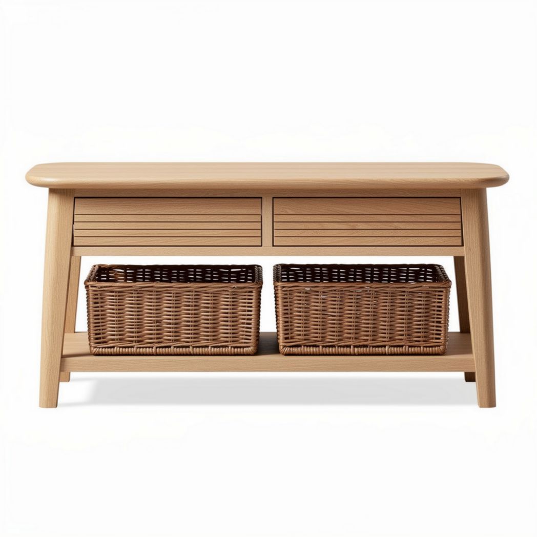 Wooden Console Table with Storage Baskets – For Entryway or Living Room – Made of Solid Wood and Wicker – 120 x 40 x 80cm