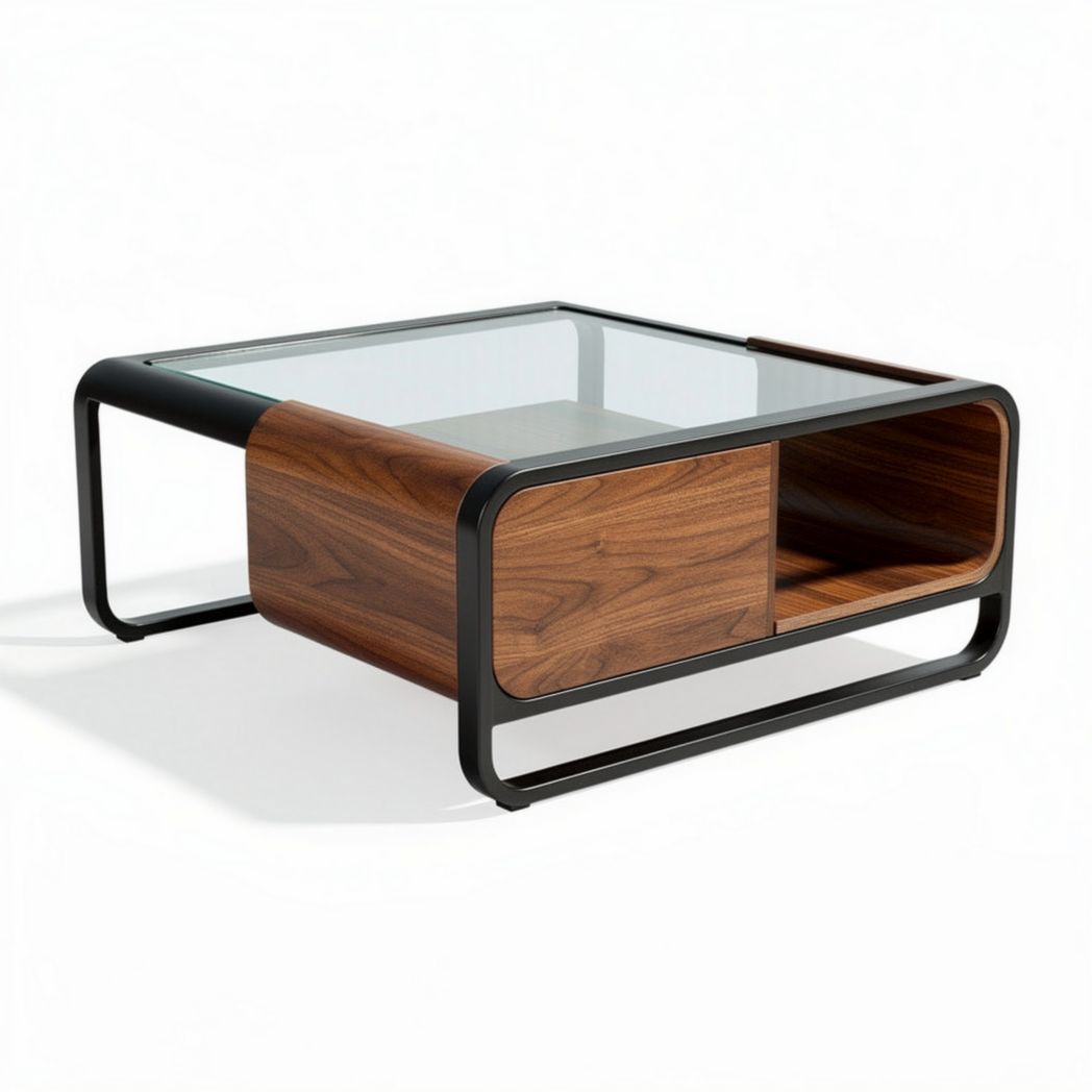 Glass Top Coffee Table with Wood Storage – 80 x 80 x 40cm